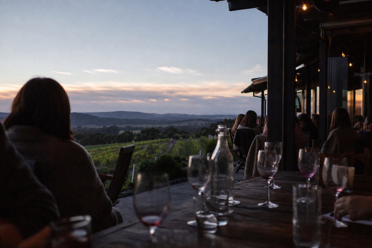 Small group at a vineyard tasting table with glasses and a valley view behind, warm afternoon light, no text, no logos, no faces