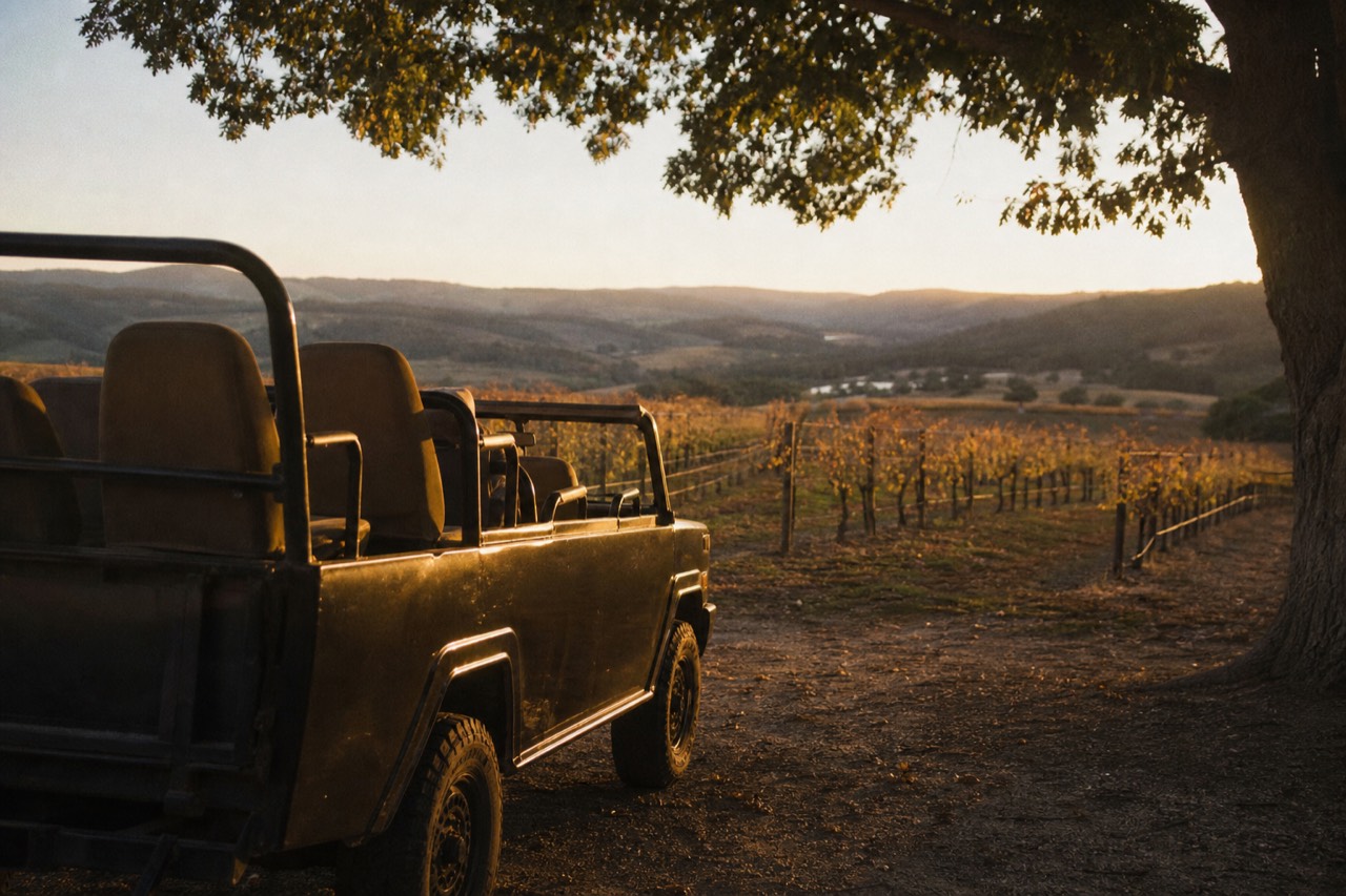 An open-topped touring vehicle parked beside vineyard rows with hills behind, warm afternoon light, no text, no logos, no faces