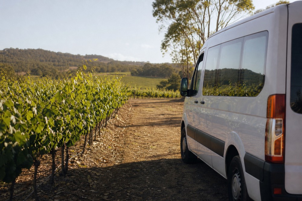 A small-group van parked beside vineyard rows with hills beyond, morning light, no text, no logos, no people