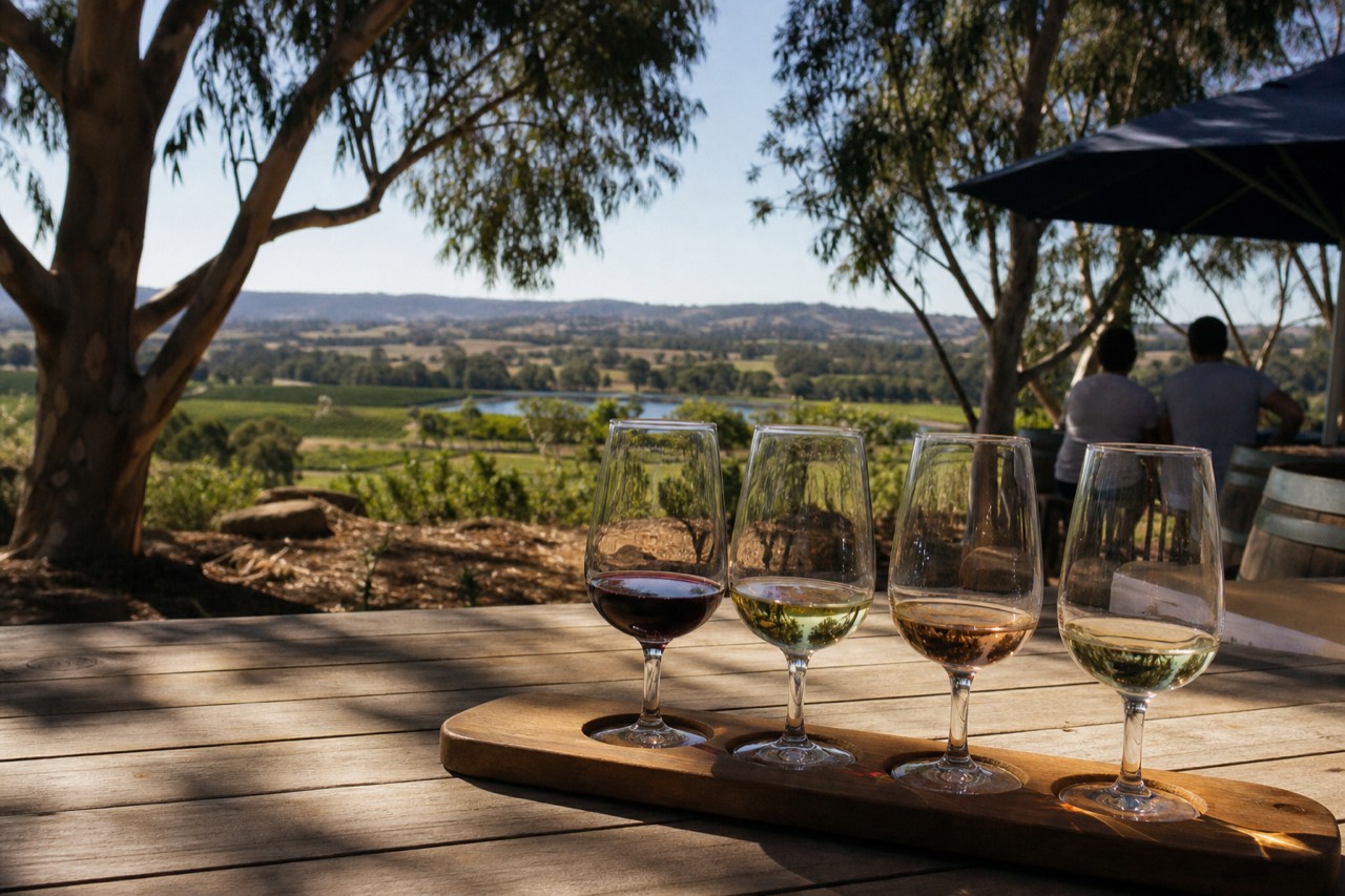 A tasting table with several wine glasses and a valley view behind, warm afternoon light, no text, no logos, no people