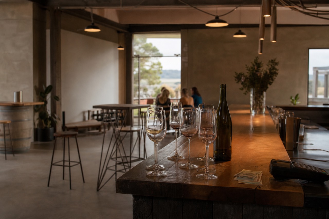 A tasting room counter with several wine glasses, a bottle, and a small stack of cash beside a card reader, warm light, no text, no logos, no people