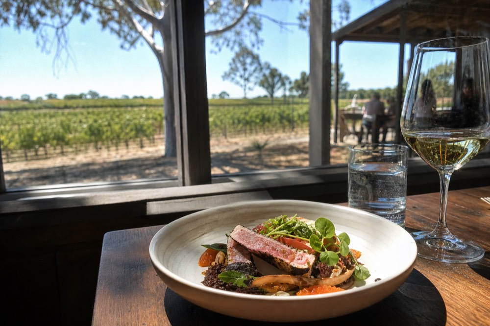 An elegant plated dish on a restaurant table with a soft-focus vineyard view through the window, warm light, no text, no logos, no people