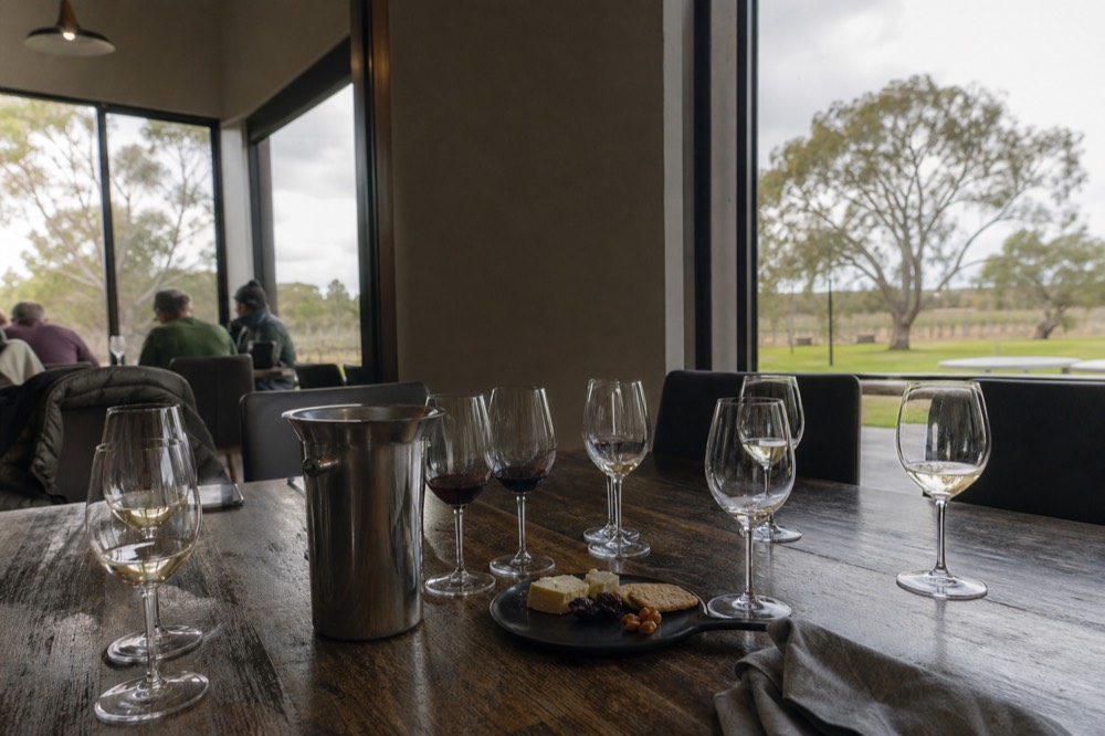 A relaxed tasting table with several glasses, a spit bucket and a cheese plate, guests' jackets on chairs, warm daylight, no text, no logos, no faces
