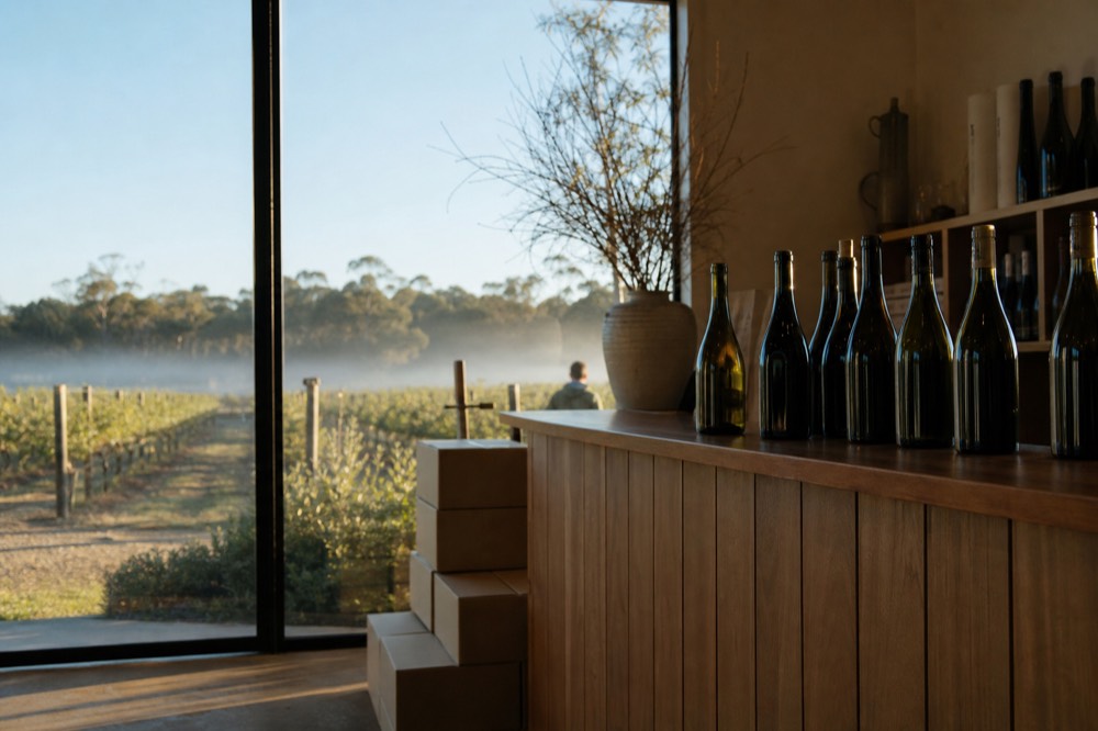 A tasting-room counter with bottles for sale and a small stack of shipping boxes, soft indoor light, no text, no logos, no faces