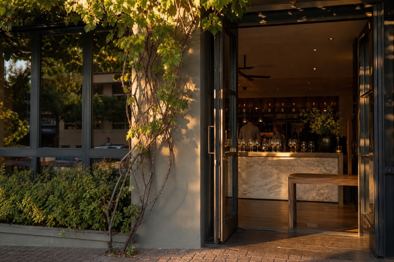 A downtown Napa tasting room storefront with an open door and wine glasses on a counter inside, warm daylight, no text, no logos, no faces