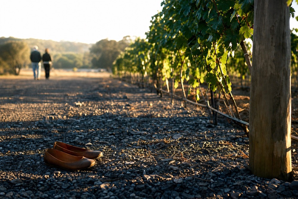 A pair of flat leather shoes resting on a gravel path beside vineyard rows, soft morning light, no text, no logos, no faces
