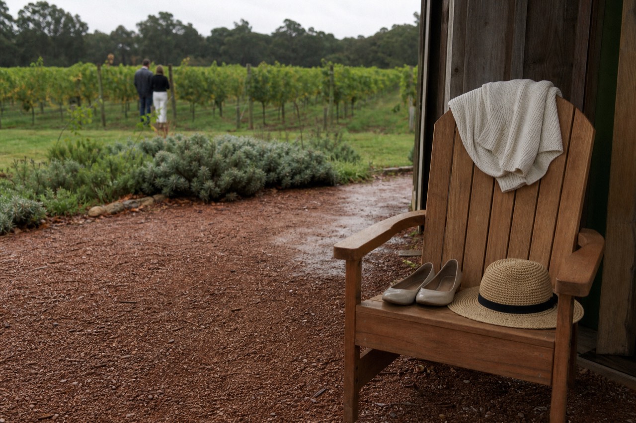 A folded light sweater and a pair of flat shoes on a wooden chair beside a sunhat, warm daylight, no text, no logos, no faces