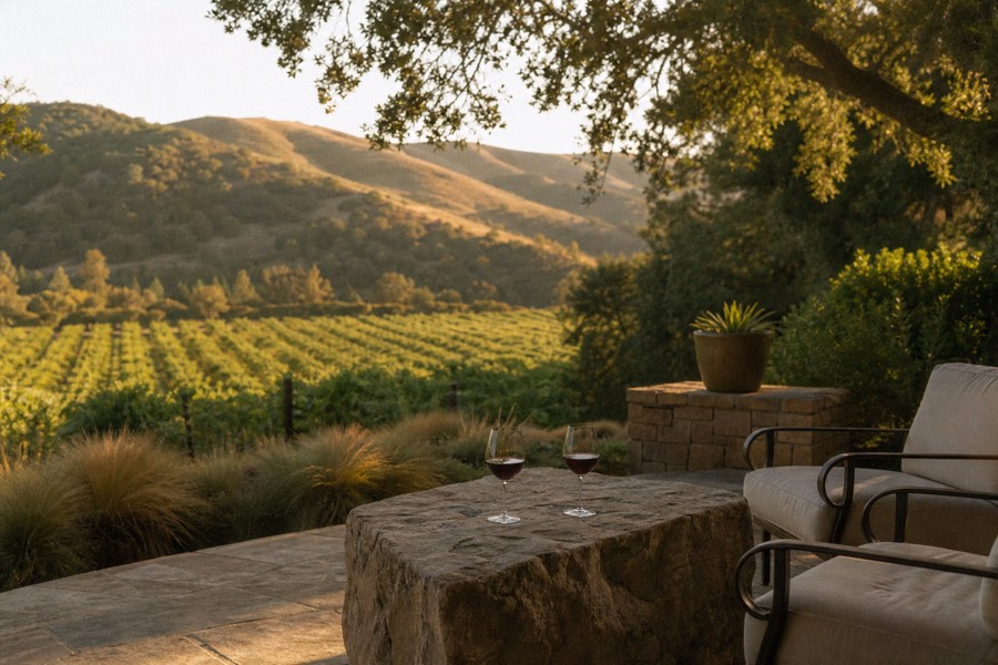 A couple at an unhurried private tasting on a quiet winery terrace, glasses of red wine on the table, oak-lined vineyard and hills behind