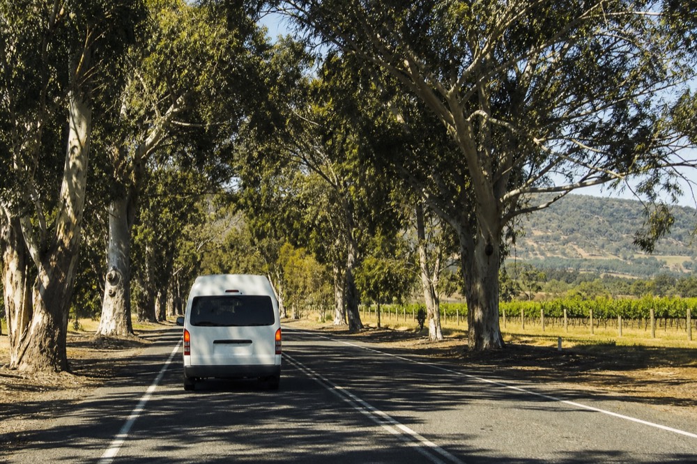 A small tour van on a highway between vineyards heading toward wine country hills, morning light, no text, no logos, no people