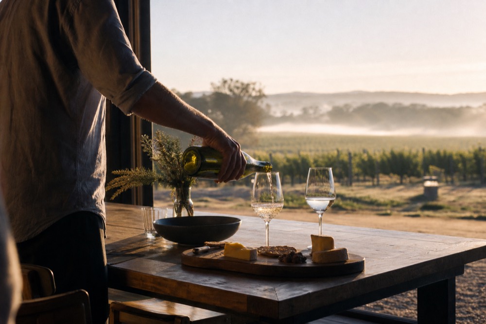 A host pouring wine at a seated table set with a small cheese board and vineyard view, warm light, no text, no logos, no people