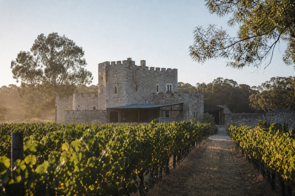 Stone castle-style winery building framed by vineyard rows under a clear sky, warm daylight, no text, no logos, no people