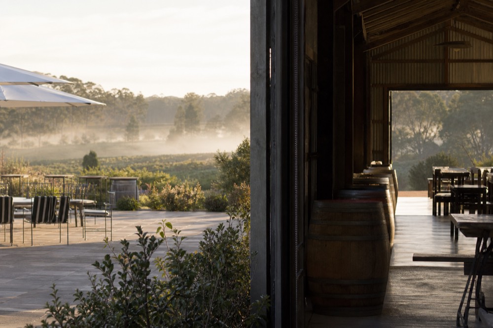 A polished Napa estate terrace beside a rustic Sonoma barn tasting room, split scene, warm light, no text, no logos, no people